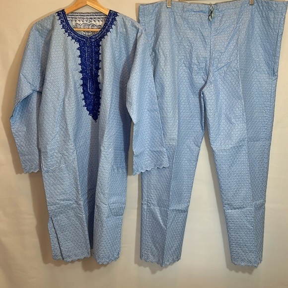 African Mens Lace Material 2 Piece Suit Kaftan Shirt Pants Trousers Embroidered - Picture 1 of 13